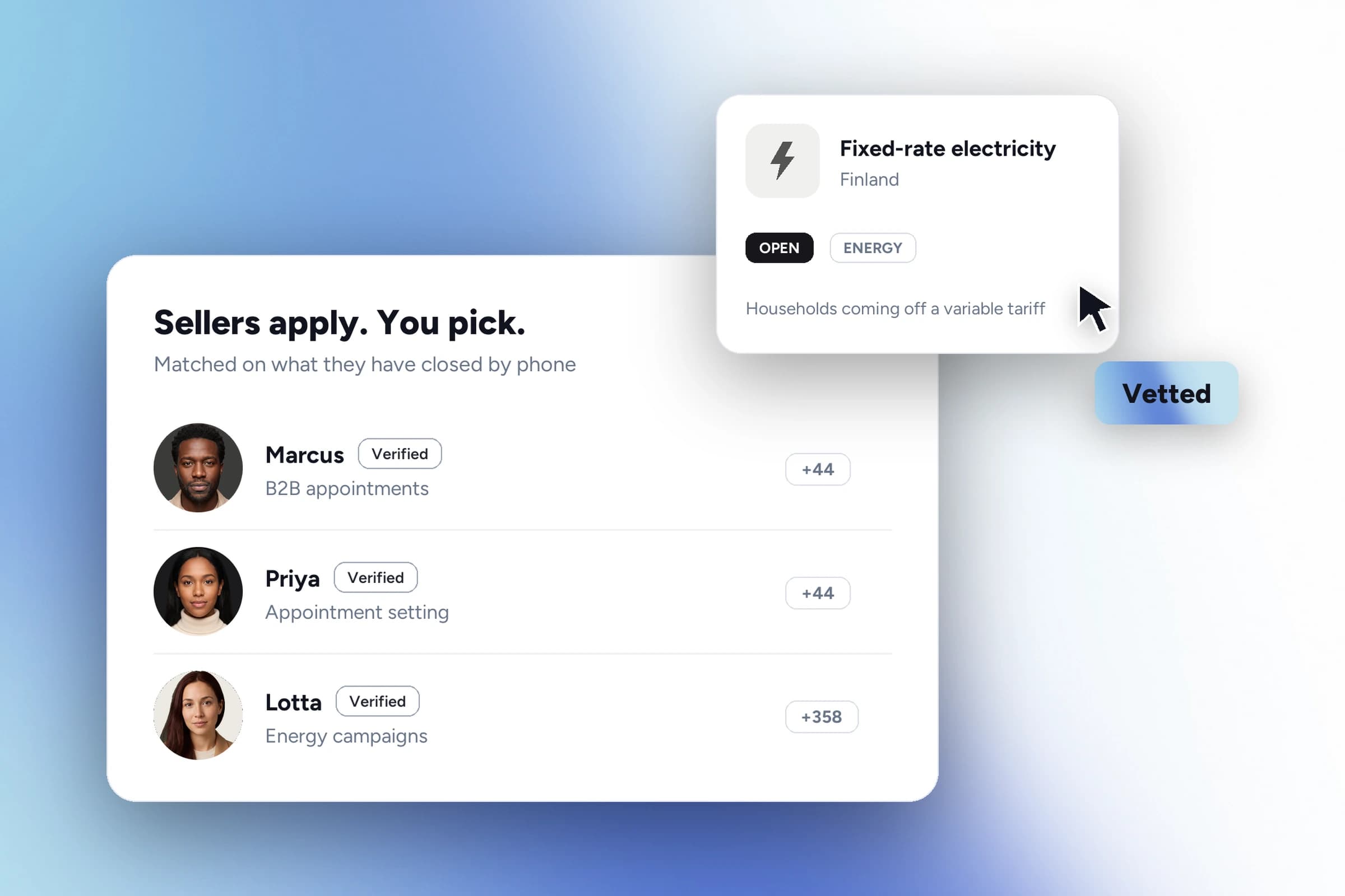 Sellers apply with their records and are matched to the campaign that fits.